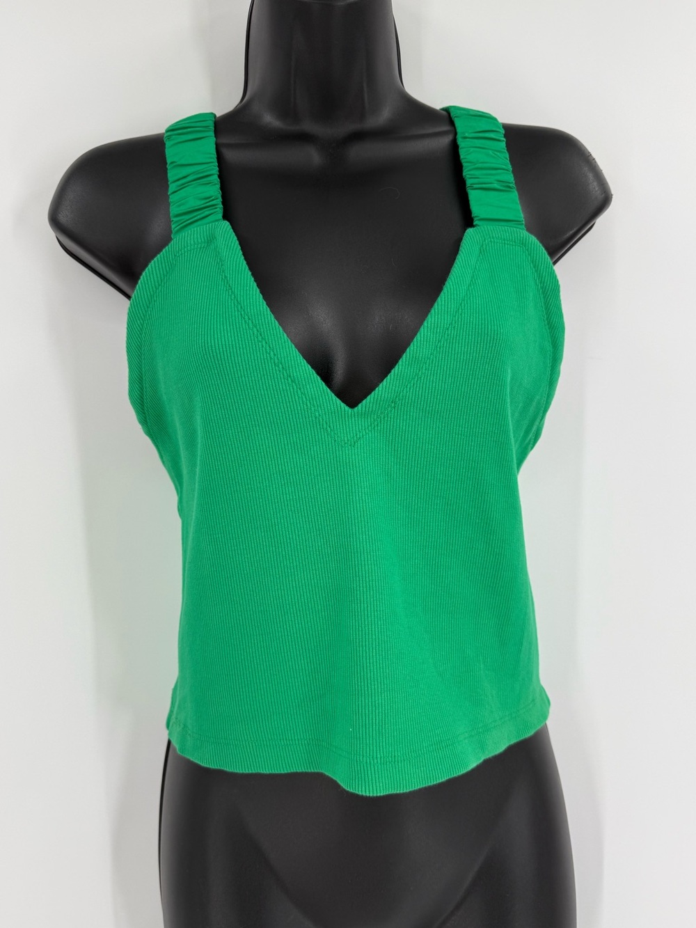 Anthropologie Maeve Ruched Crisscross Strap Cutout Back Tank | Green | Medium - Picture 3 of 5
